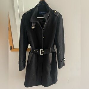 Cole Haan Wool & Leather Trench Coat in Black with Gold Hardware and Belt